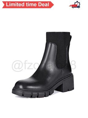 Chunky Platform Chelsea Ankle Boots PU Suede Lug Sole Slip On Booties